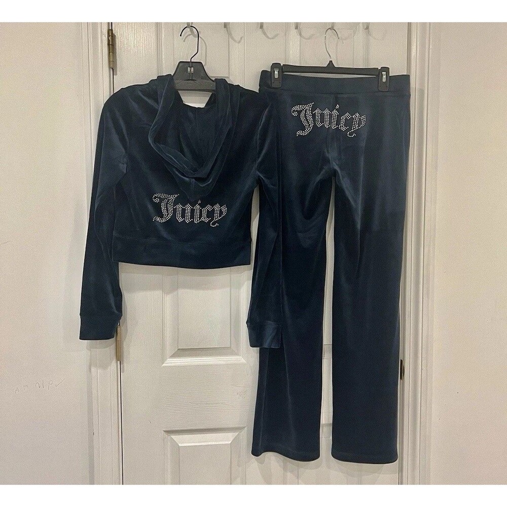 NEW! JUICY COUTURE Velour Bling Tracksuit Set Regal Blue Navy Size L